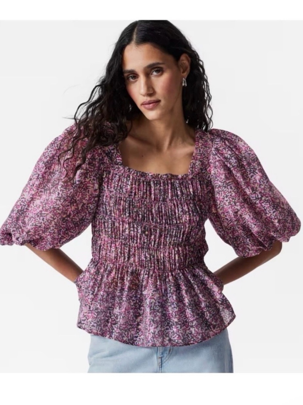 & Other Stories Lavender-Pink Smocked Square-Neck Puff Sleeve Blouse
